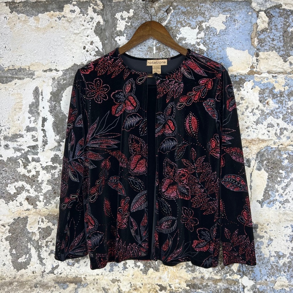 Y2K Notations Velvet Cardigan Black Red Glitter Floral Open Front Goth Women M
